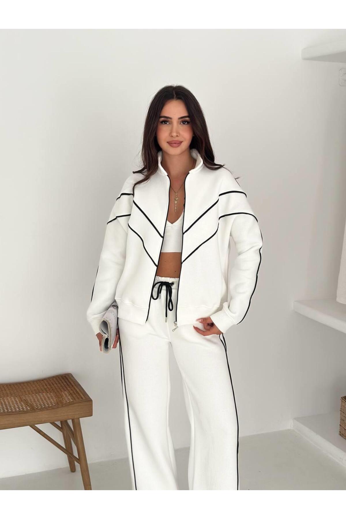 Kontrast Şeritli Fermuarlı Dik Yaka 3 İplik Eşofman Takımı