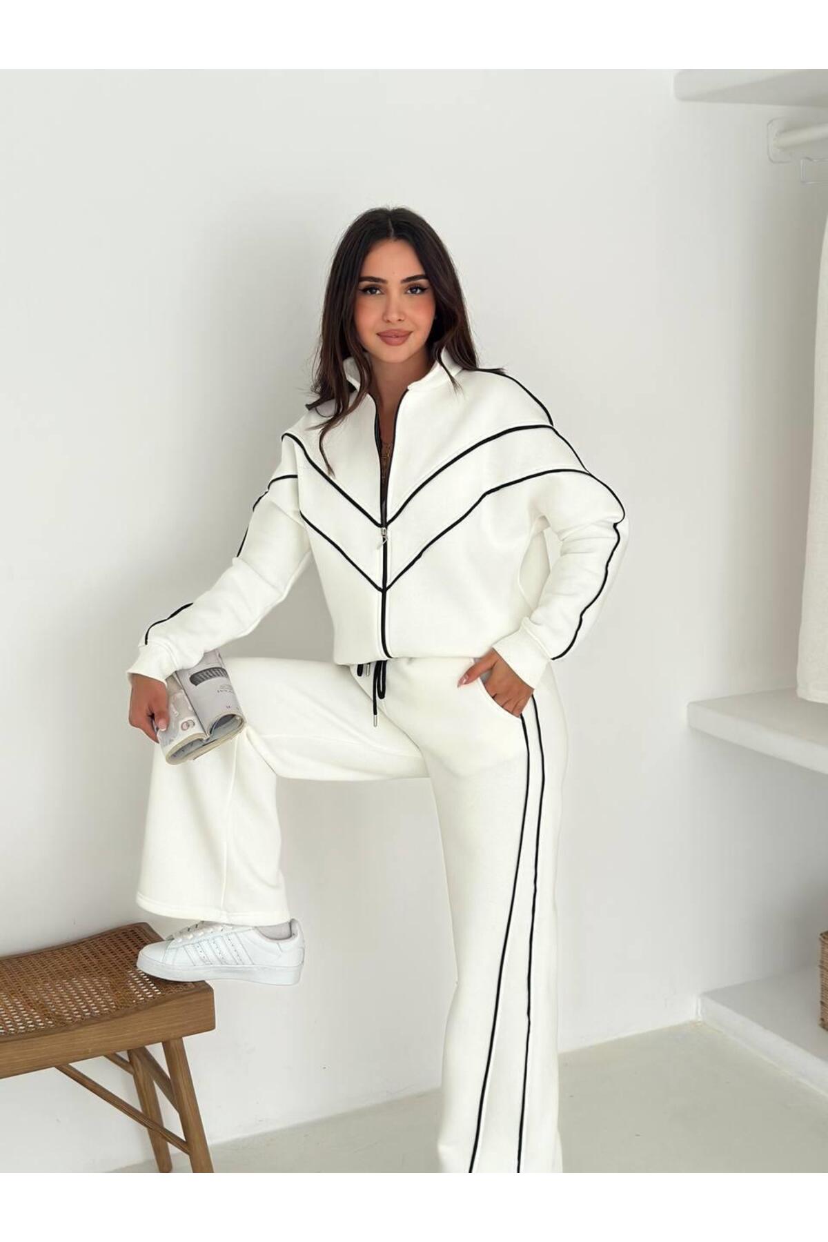 Kontrast Şeritli Fermuarlı Dik Yaka 3 İplik Eşofman Takımı