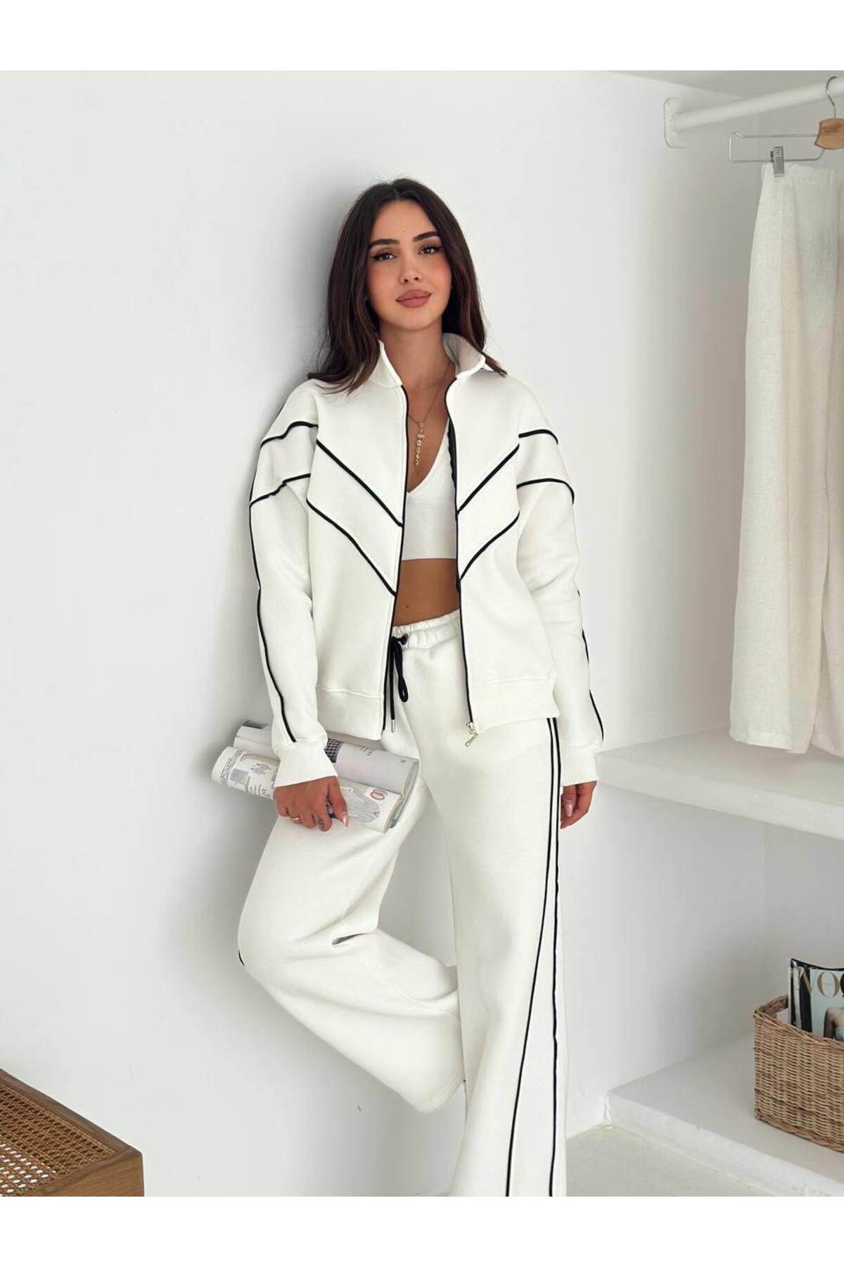 Kontrast Şeritli Fermuarlı Dik Yaka 3 İplik Eşofman Takımı