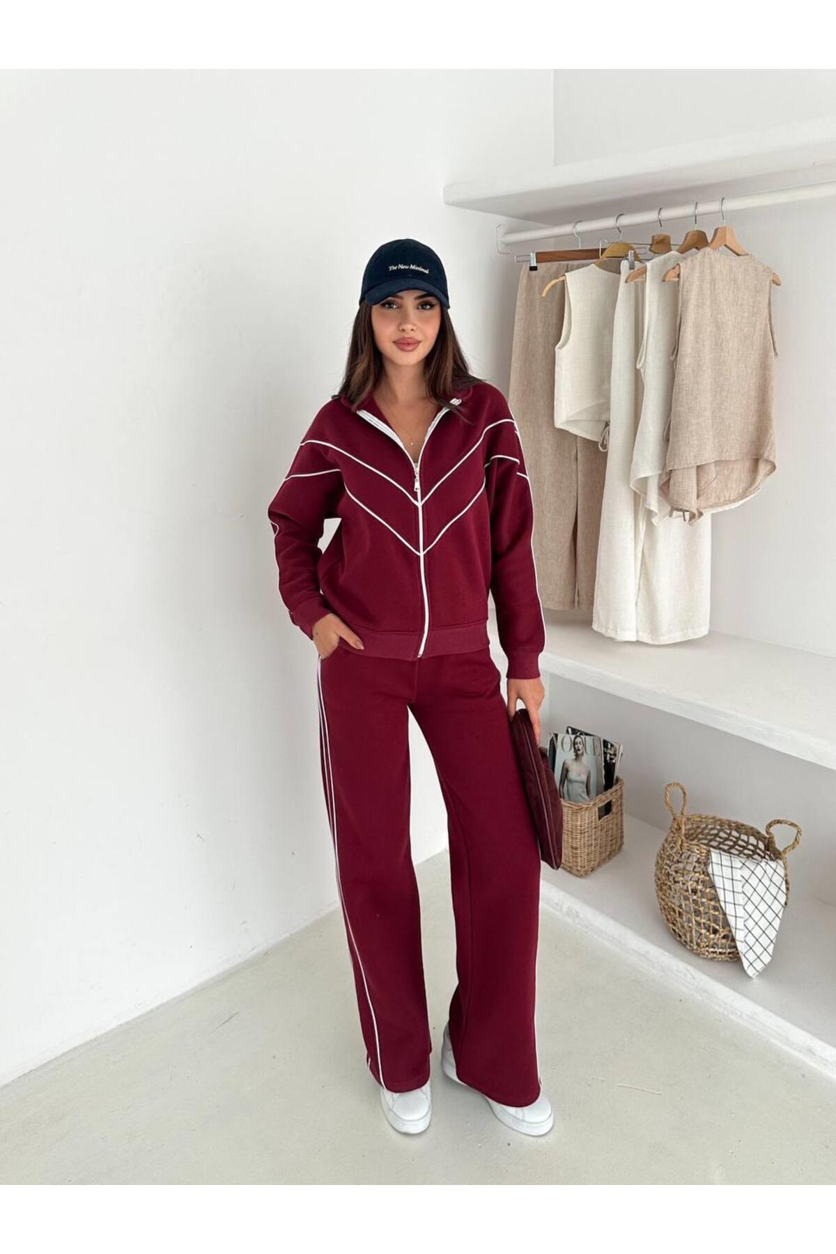 Kontrast Şeritli Fermuarlı Dik Yaka 3 İplik Eşofman Takımı