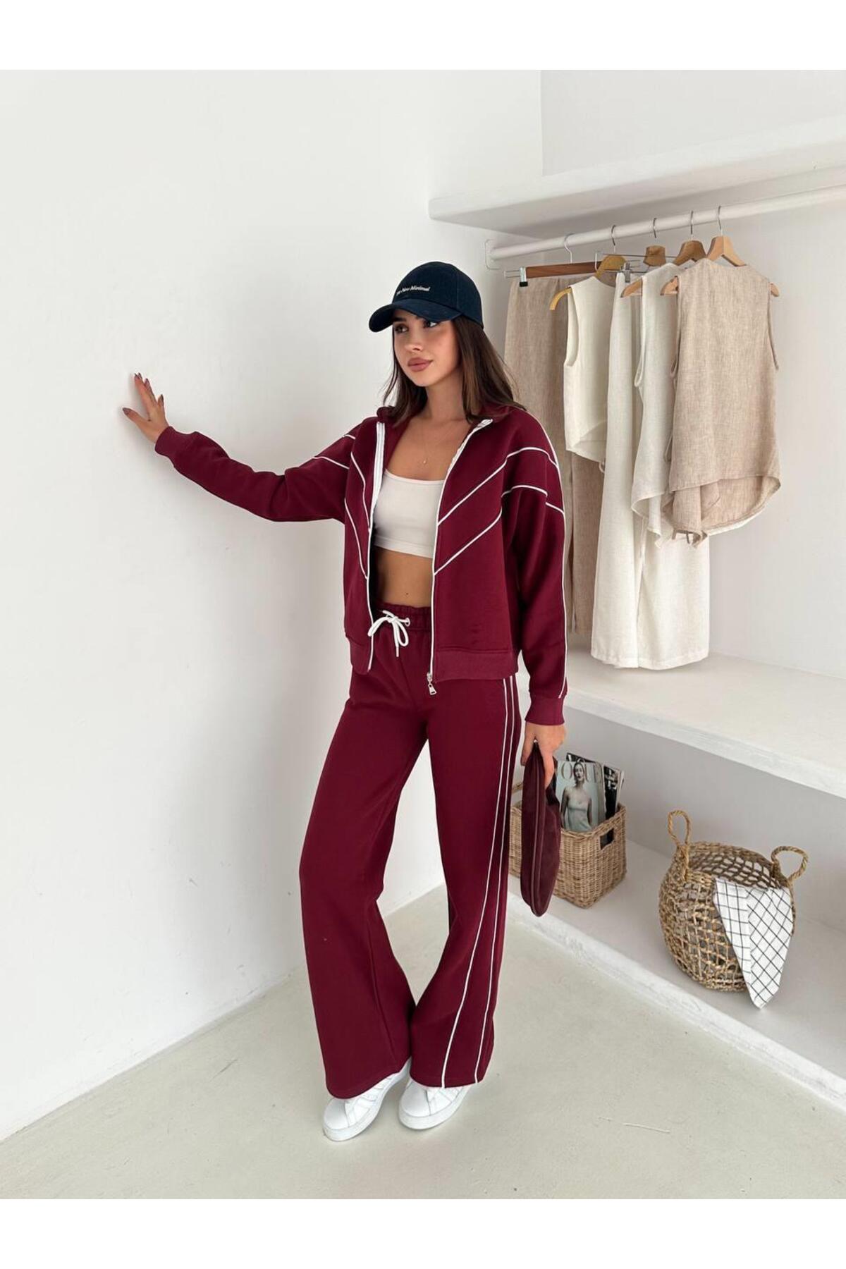 Kontrast Şeritli Fermuarlı Dik Yaka 3 İplik Eşofman Takımı