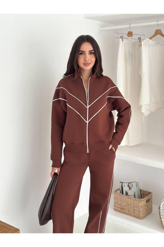 Kontrast Şeritli Fermuarlı Dik Yaka 3 İplik Eşofman Takımı