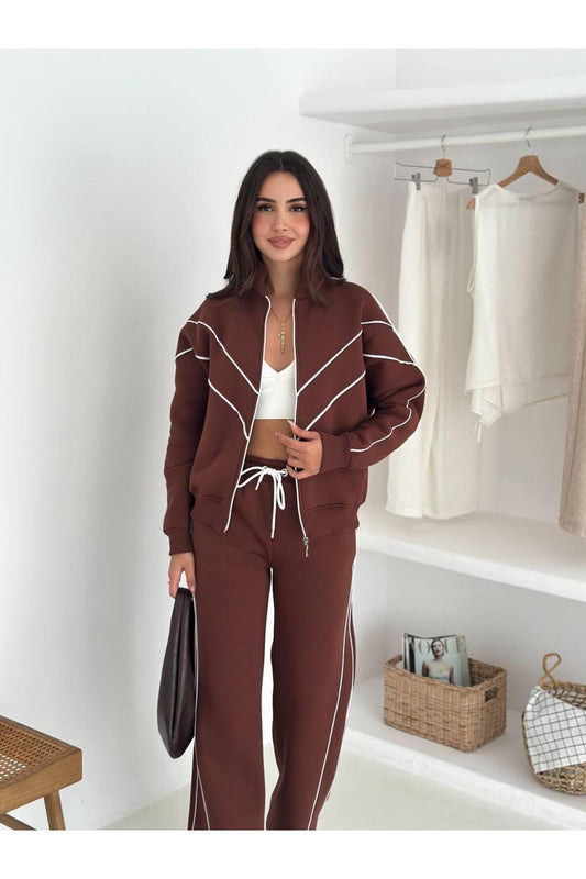 Kontrast Şeritli Fermuarlı Dik Yaka 3 İplik Eşofman Takımı
