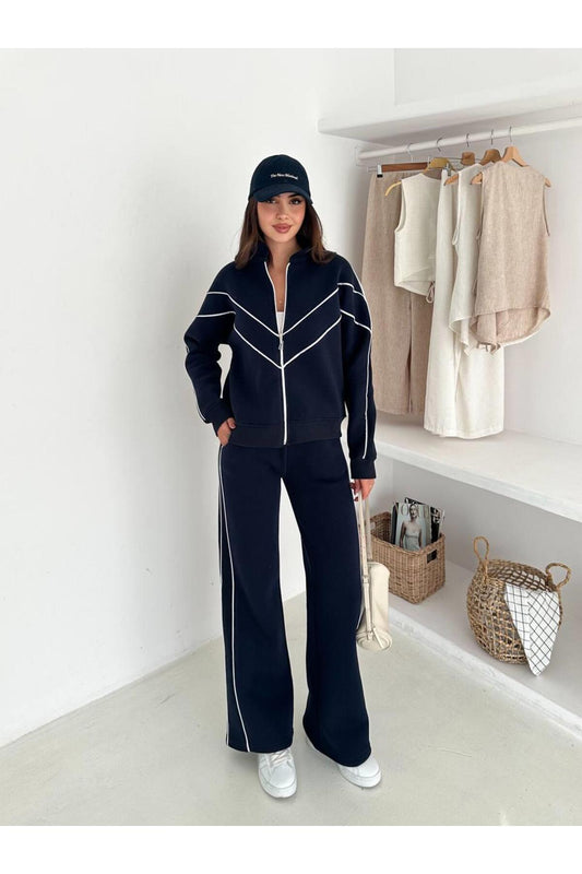 Kontrast Şeritli Fermuarlı Dik Yaka 3 İplik Eşofman Takımı