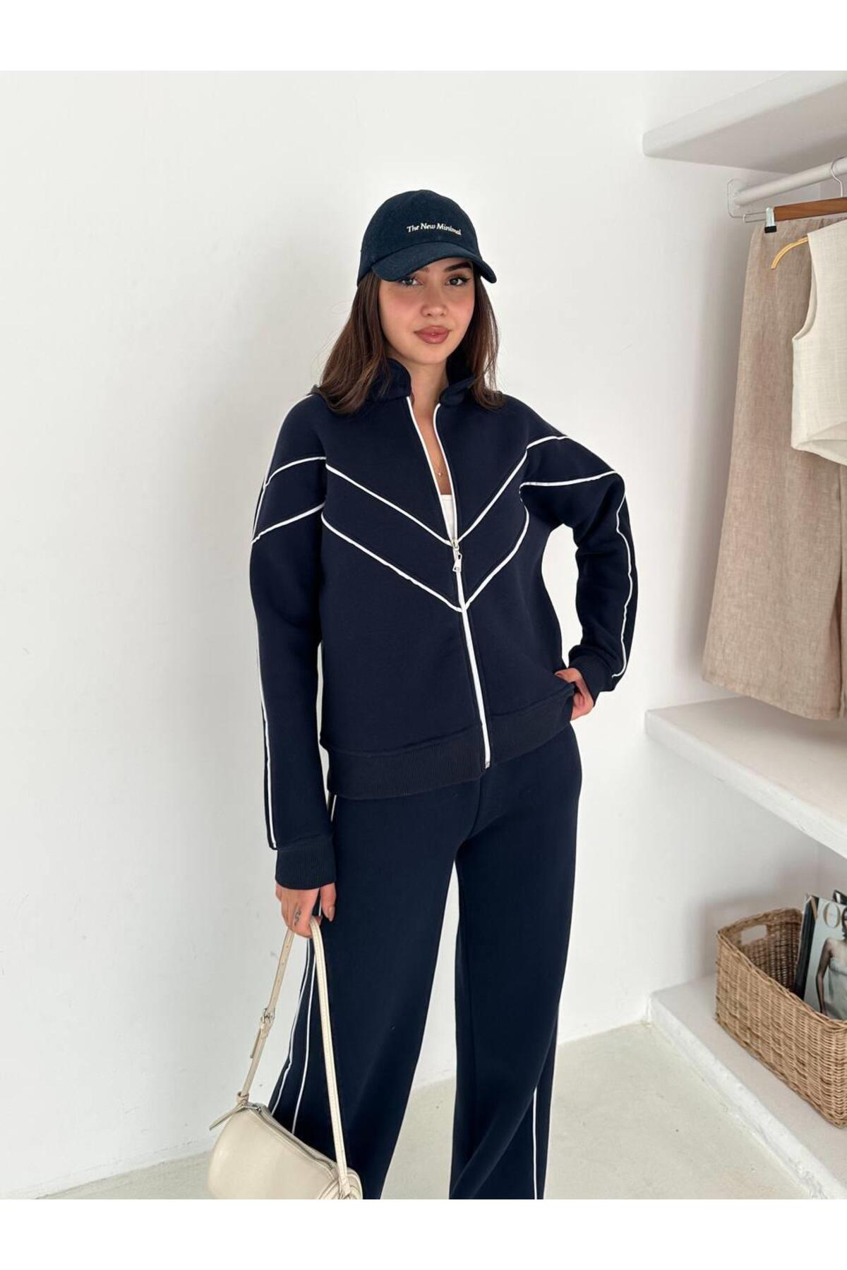 Kontrast Şeritli Fermuarlı Dik Yaka 3 İplik Eşofman Takımı