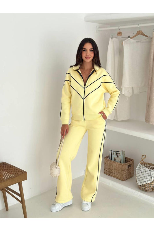 Kontrast Şeritli Fermuarlı Dik Yaka 3 İplik Eşofman Takımı