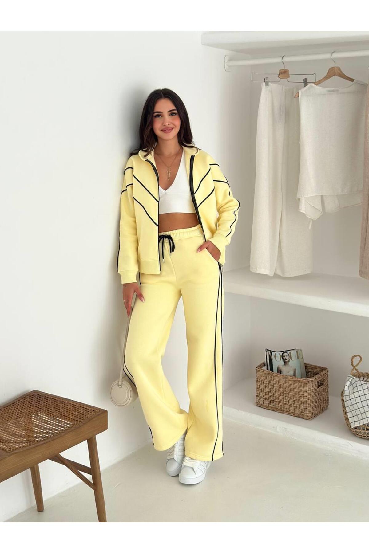 Kontrast Şeritli Fermuarlı Dik Yaka 3 İplik Eşofman Takımı