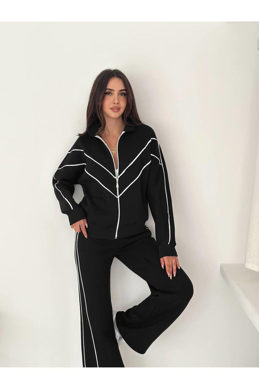 Kontrast Şeritli Fermuarlı Dik Yaka 3 İplik Eşofman Takımı