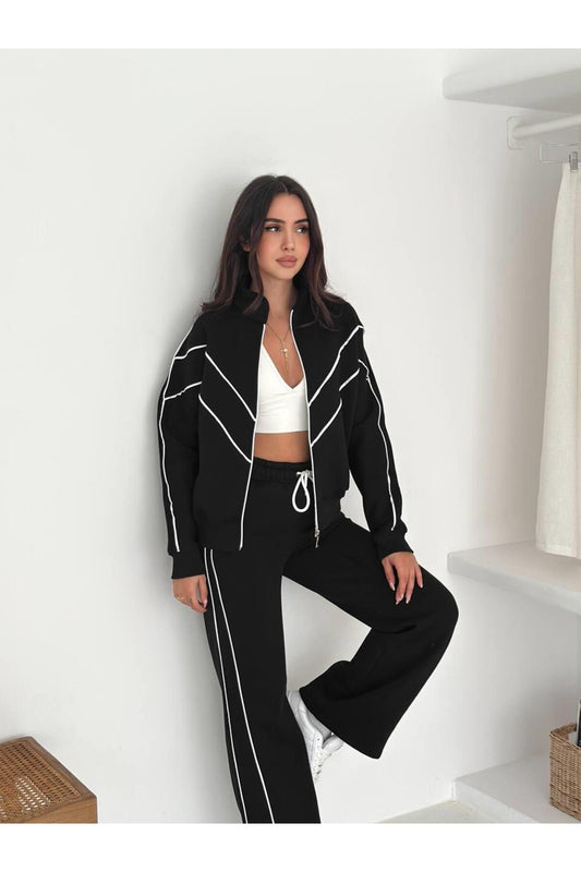 Kontrast Şeritli Fermuarlı Dik Yaka 3 İplik Eşofman Takımı