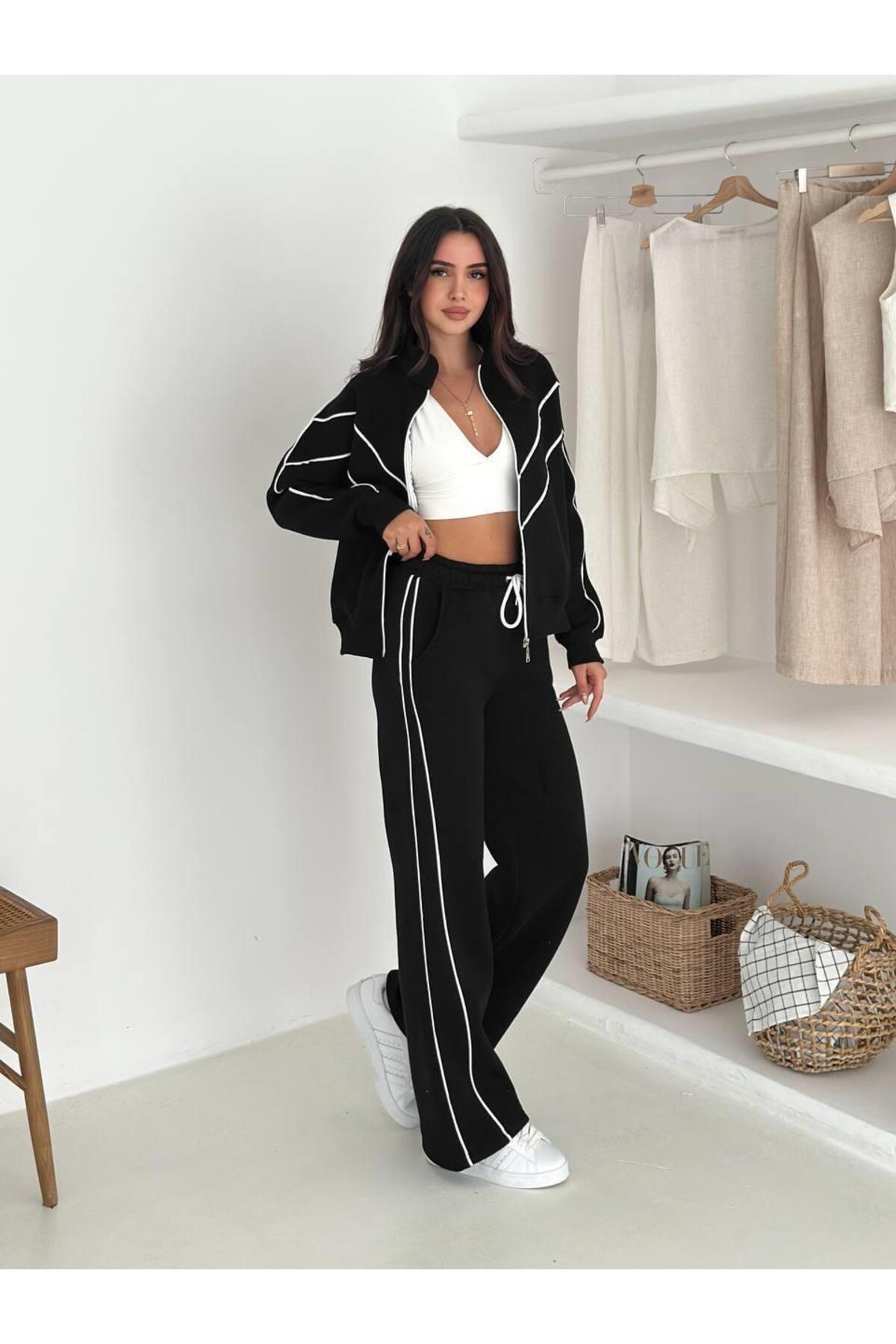 Kontrast Şeritli Fermuarlı Dik Yaka 3 İplik Eşofman Takımı