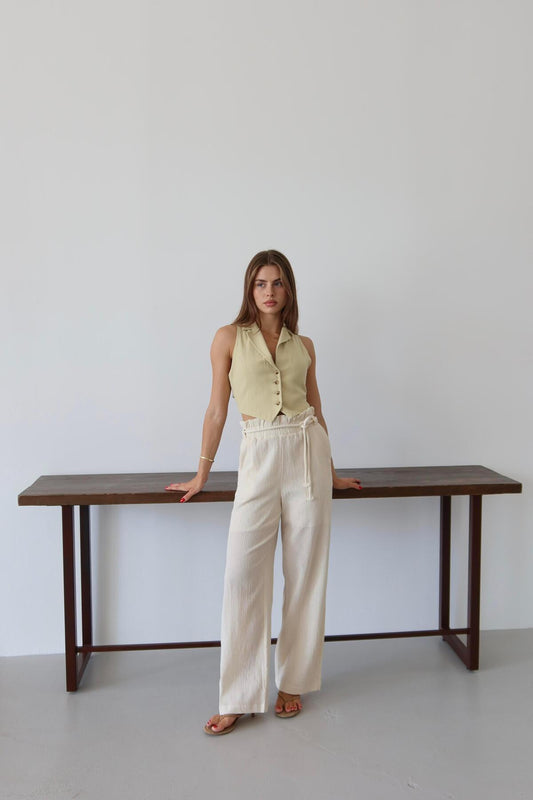 Krem Krinkıl Kumaş Bağcıklı Yazlık Pantolon