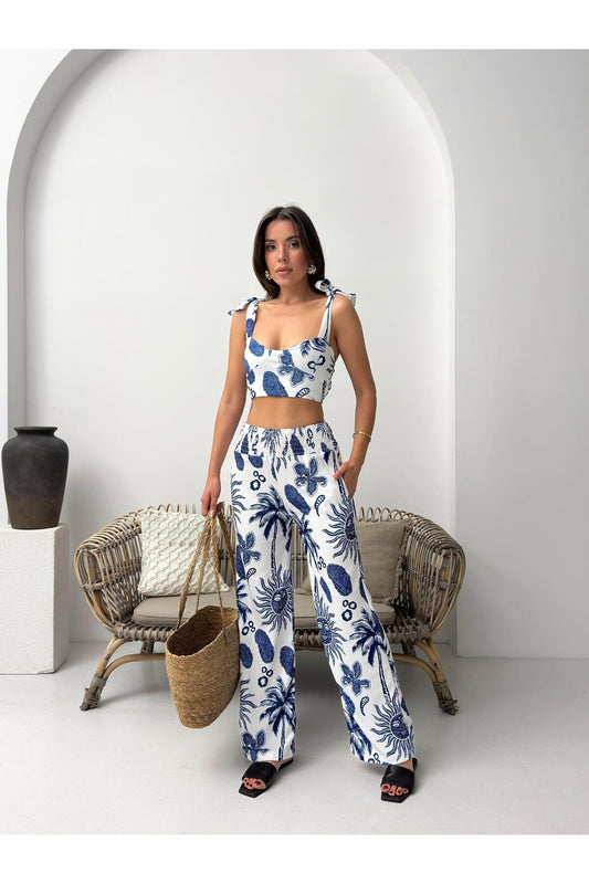 Lacivert Tropikal Desenli Bağlamalı Askılı İkili Yazlık Takım