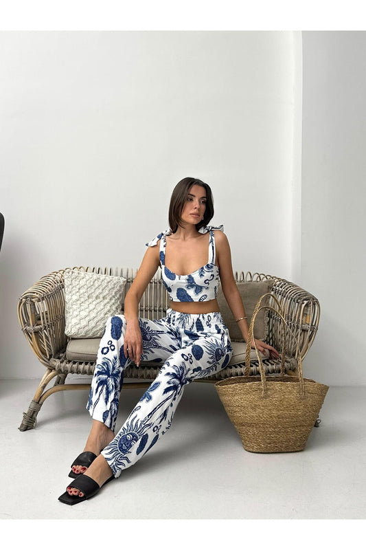 Lacivert Tropikal Desenli Bağlamalı Askılı İkili Yazlık Takım