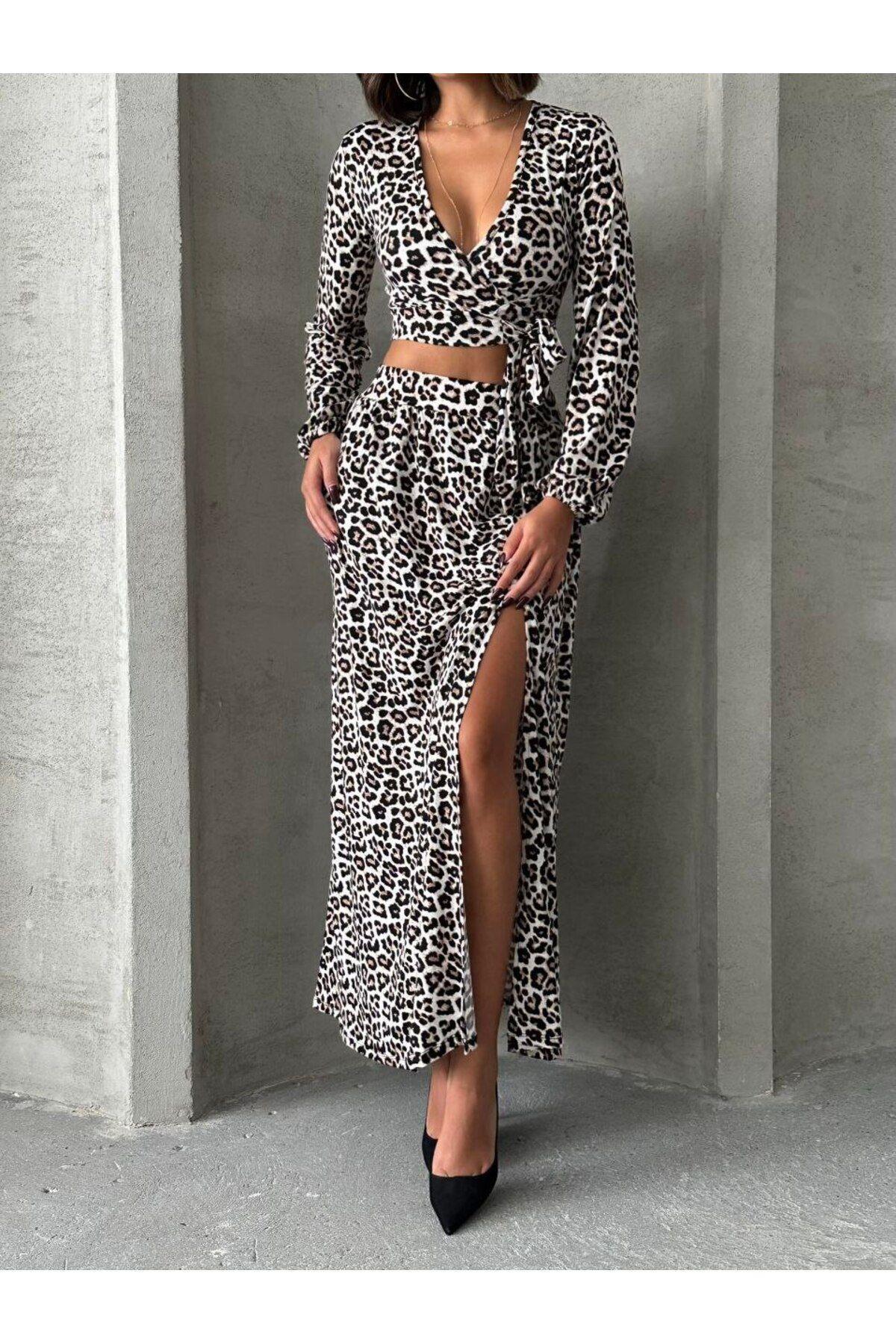 Leopar Desen Bluz Etek Takım