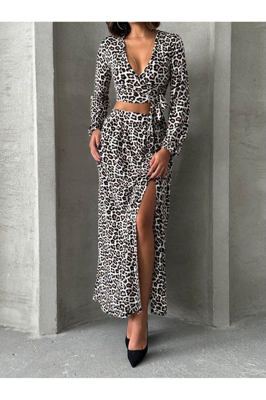 Leopar Desen Bluz Etek Takım