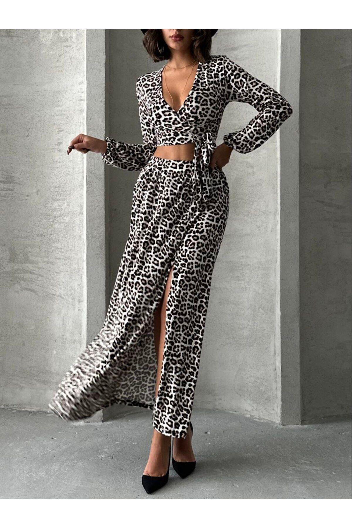 Leopar Desen Bluz Etek Takım