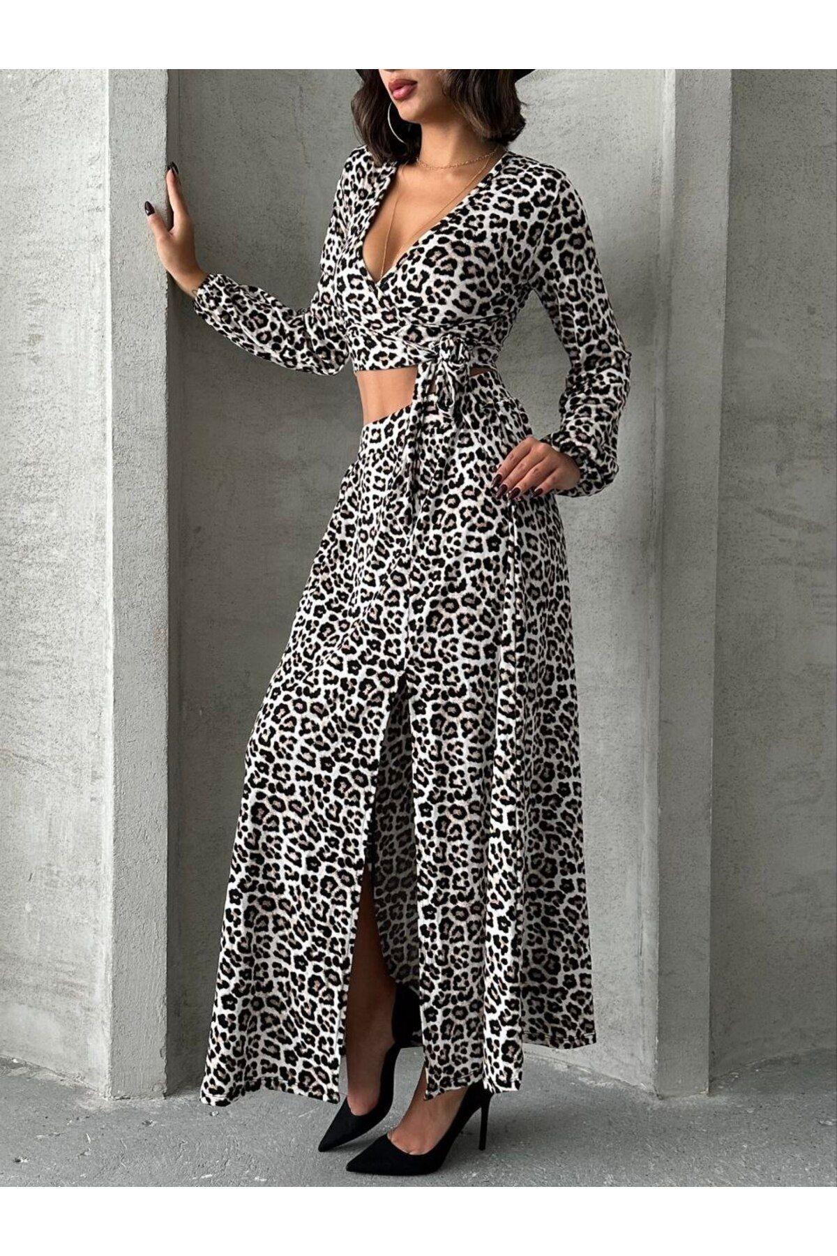 Leopar Desen Bluz Etek Takım