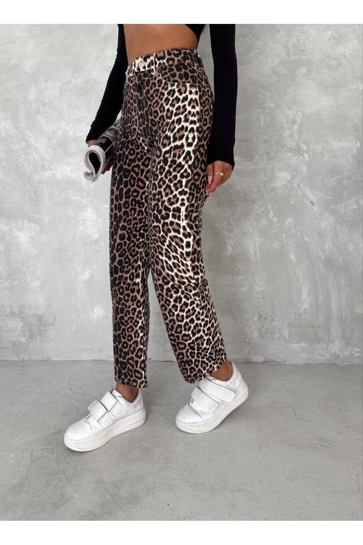 Leopar Desen Geniş Paça Yüksek Bel Pantolon