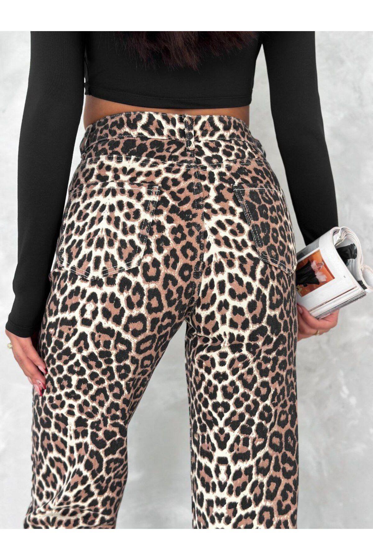 Leopar Desen Geniş Paça Yüksek Bel Pantolon