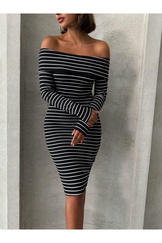 Madonna Çizgili Şardonlu Uzun Kol Elbise