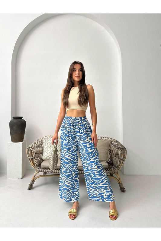 Mavi Zebra Desenli Bol Paça Pantolon