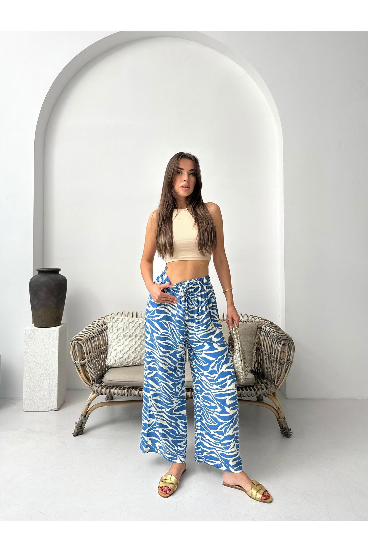 Mavi Zebra Desenli Bol Paça Pantolon