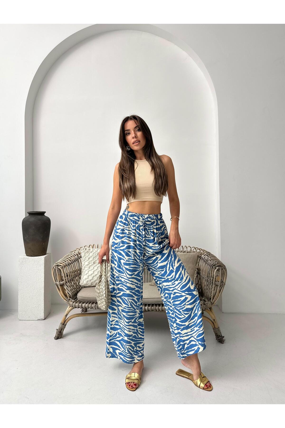 Mavi Zebra Desenli Bol Paça Pantolon