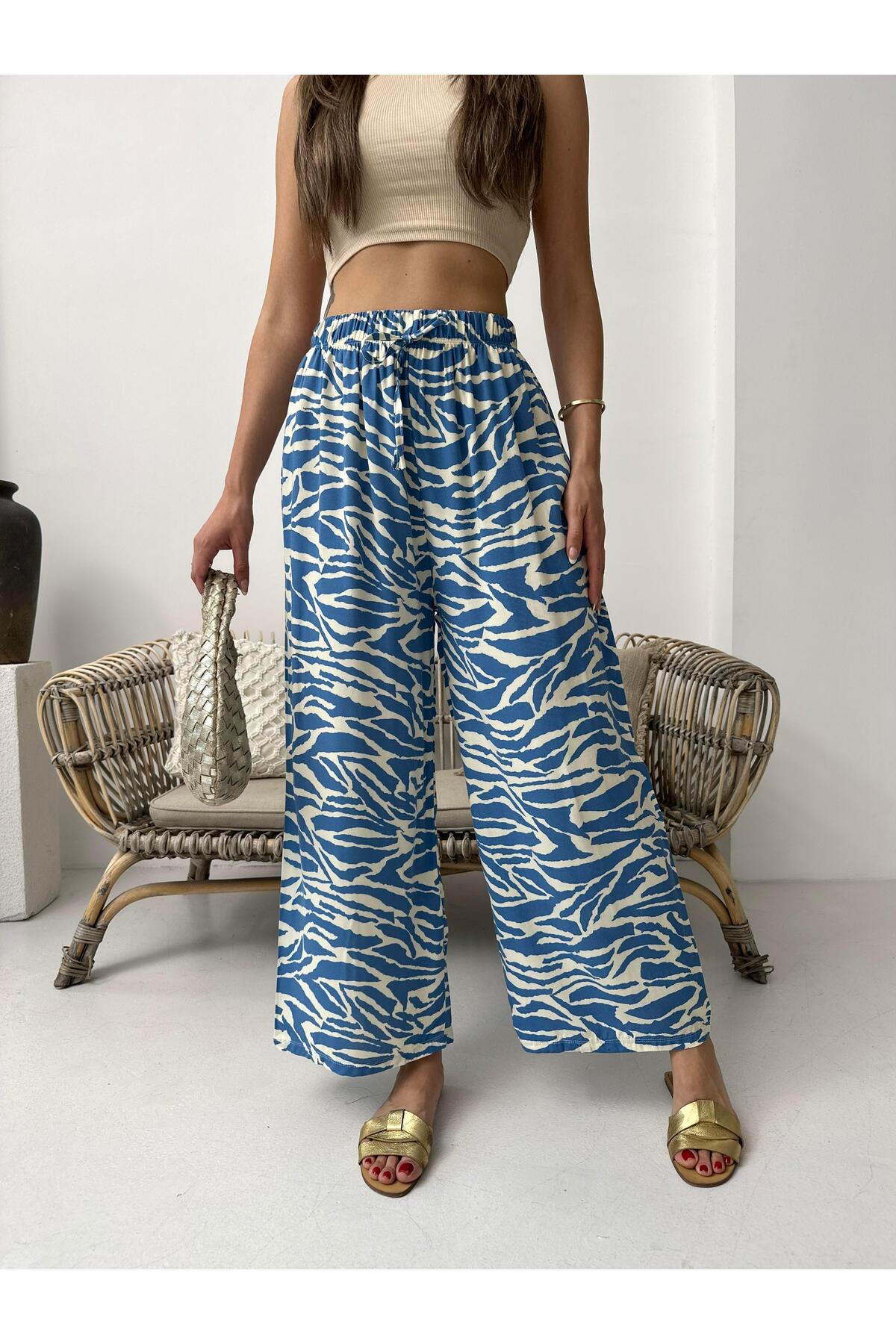 Mavi Zebra Desenli Bol Paça Pantolon