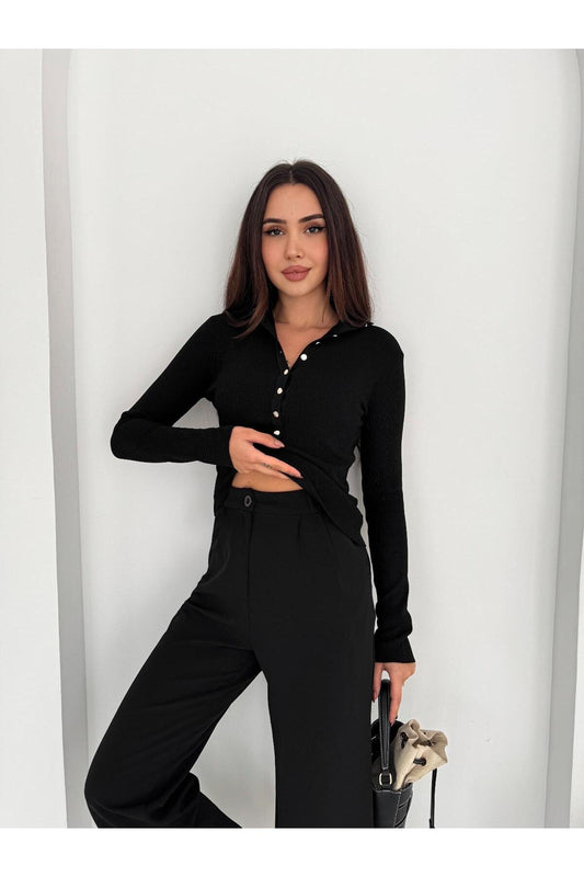 Metal Düğmeli Hakim Yaka (Yarım Balıkçı) Fitilli Triko Kazak