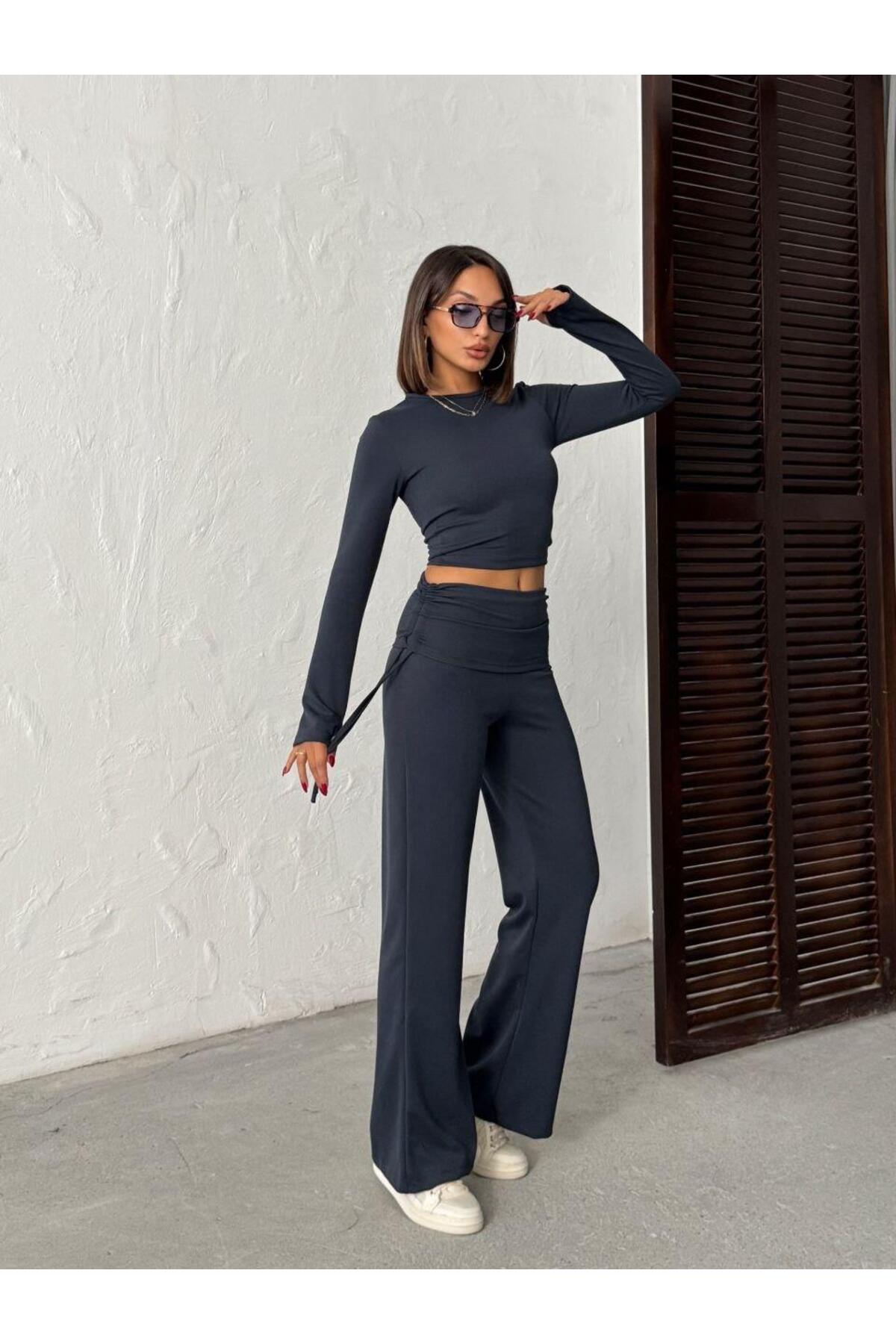 Modal Karışımlı Geniş Paça Takım – Parmak Geçmeli