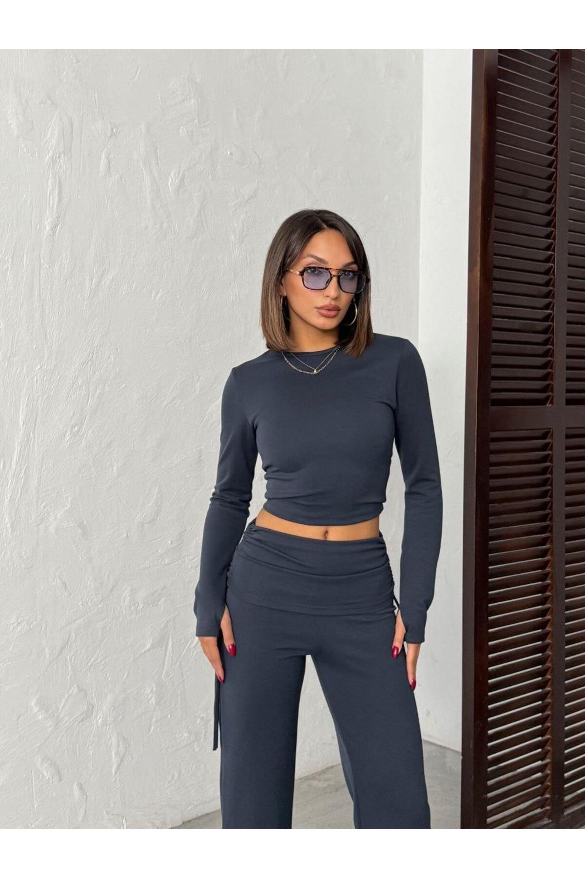 Modal Karışımlı Geniş Paça Takım – Parmak Geçmeli