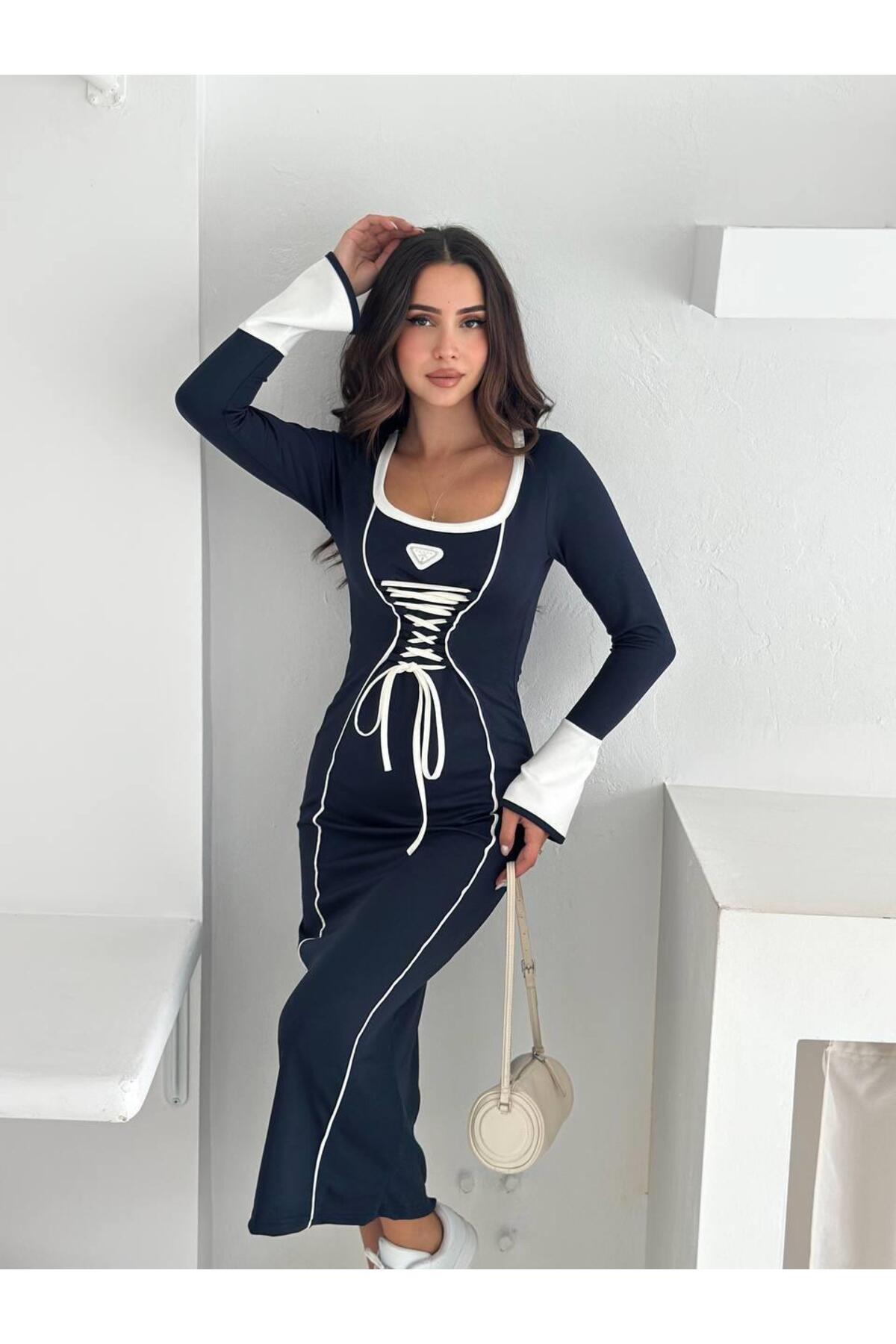 Modal Kumaş Korse Detaylı Uzun Kollu Elbise