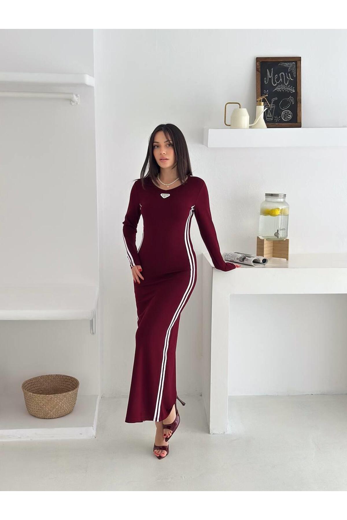 Modal Kumaş Yan Şeritli Uzun Kollu Fit Elbise