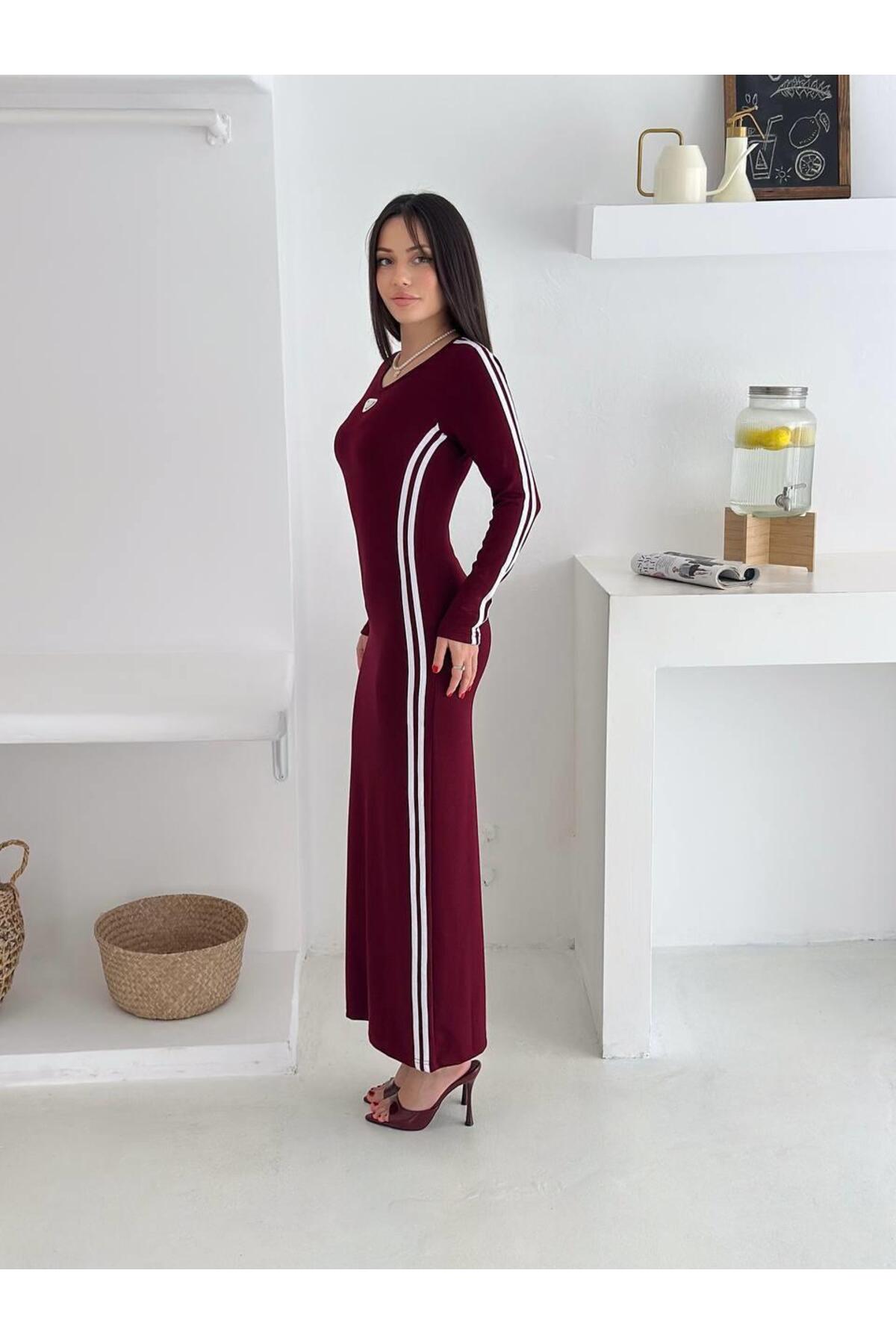 Modal Kumaş Yan Şeritli Uzun Kollu Fit Elbise