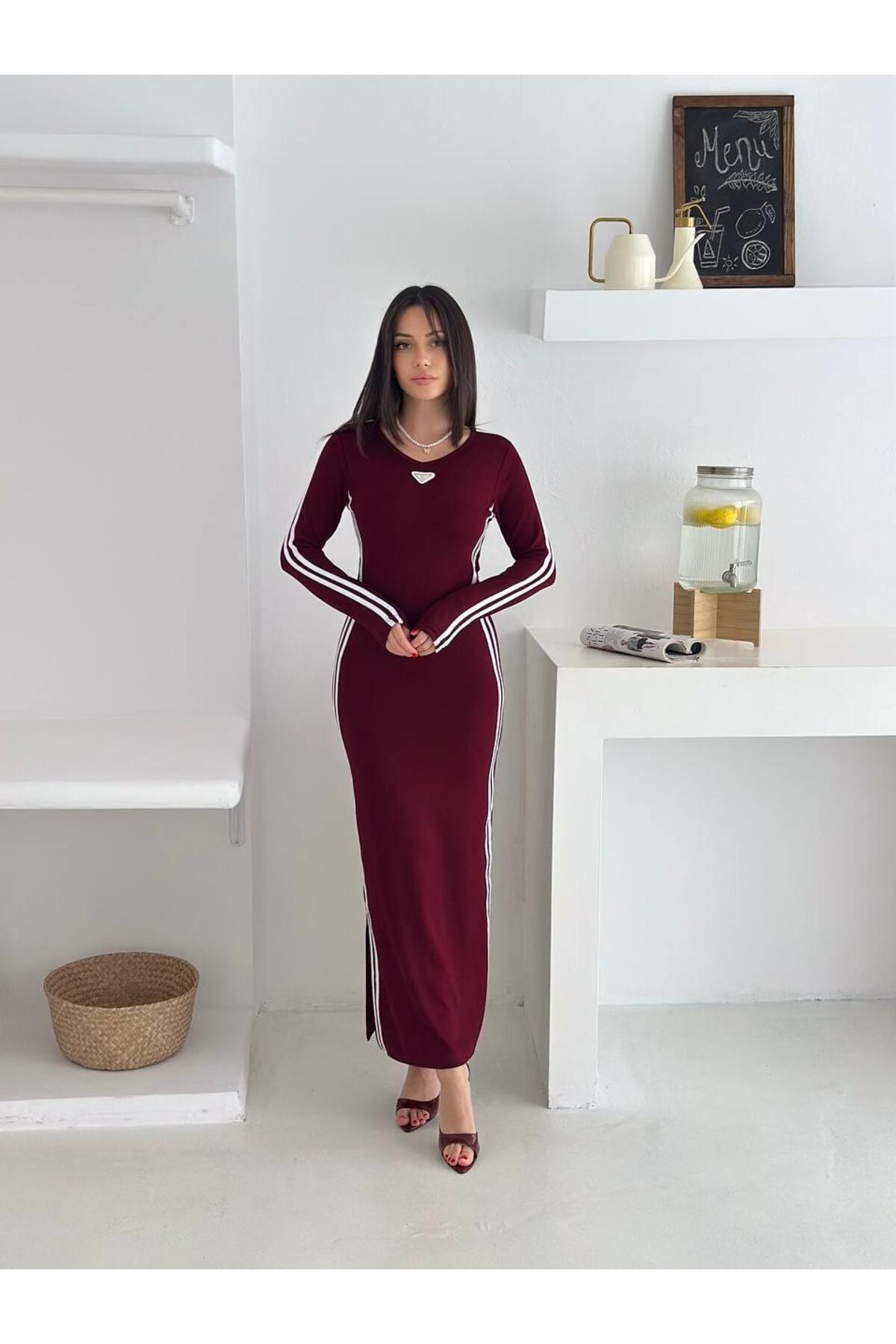 Modal Kumaş Yan Şeritli Uzun Kollu Fit Elbise