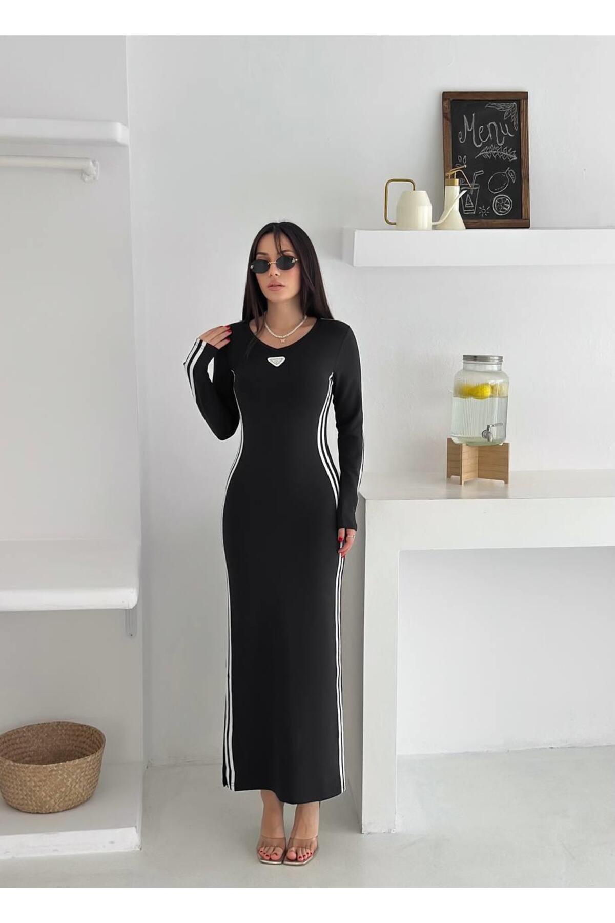 Modal Kumaş Yan Şeritli Uzun Kollu Fit Elbise