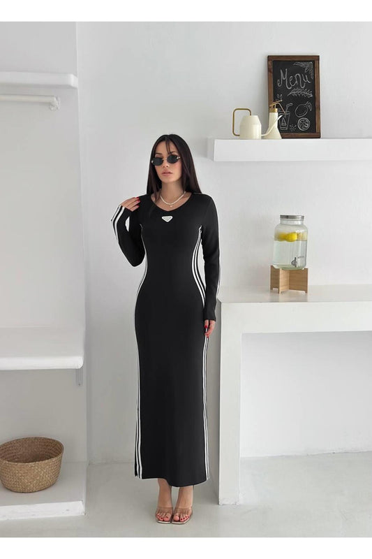 Modal Kumaş Yan Şeritli Uzun Kollu Fit Elbise