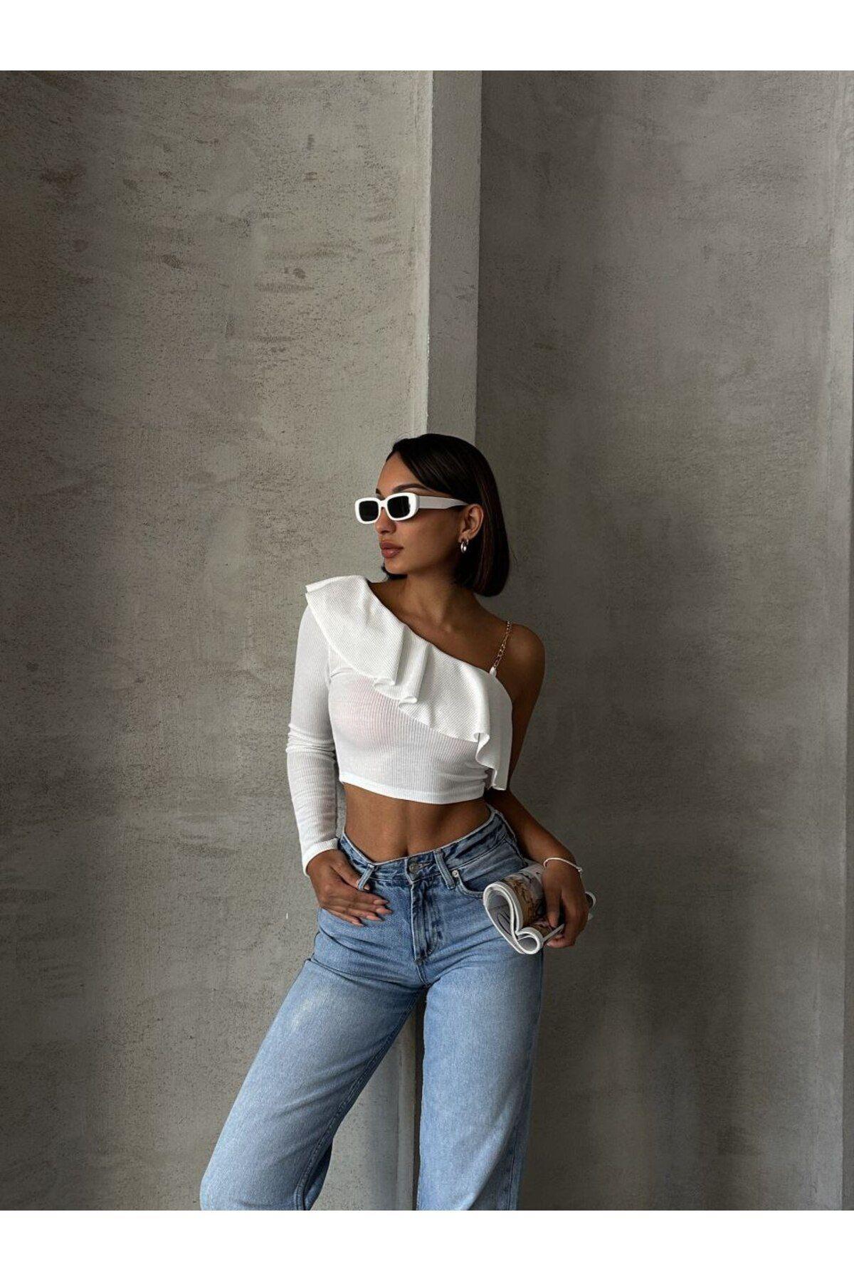 Önü Gipeli Tek Omuz Zincir Detaylı Uzun Kol Bürümcük Bluz