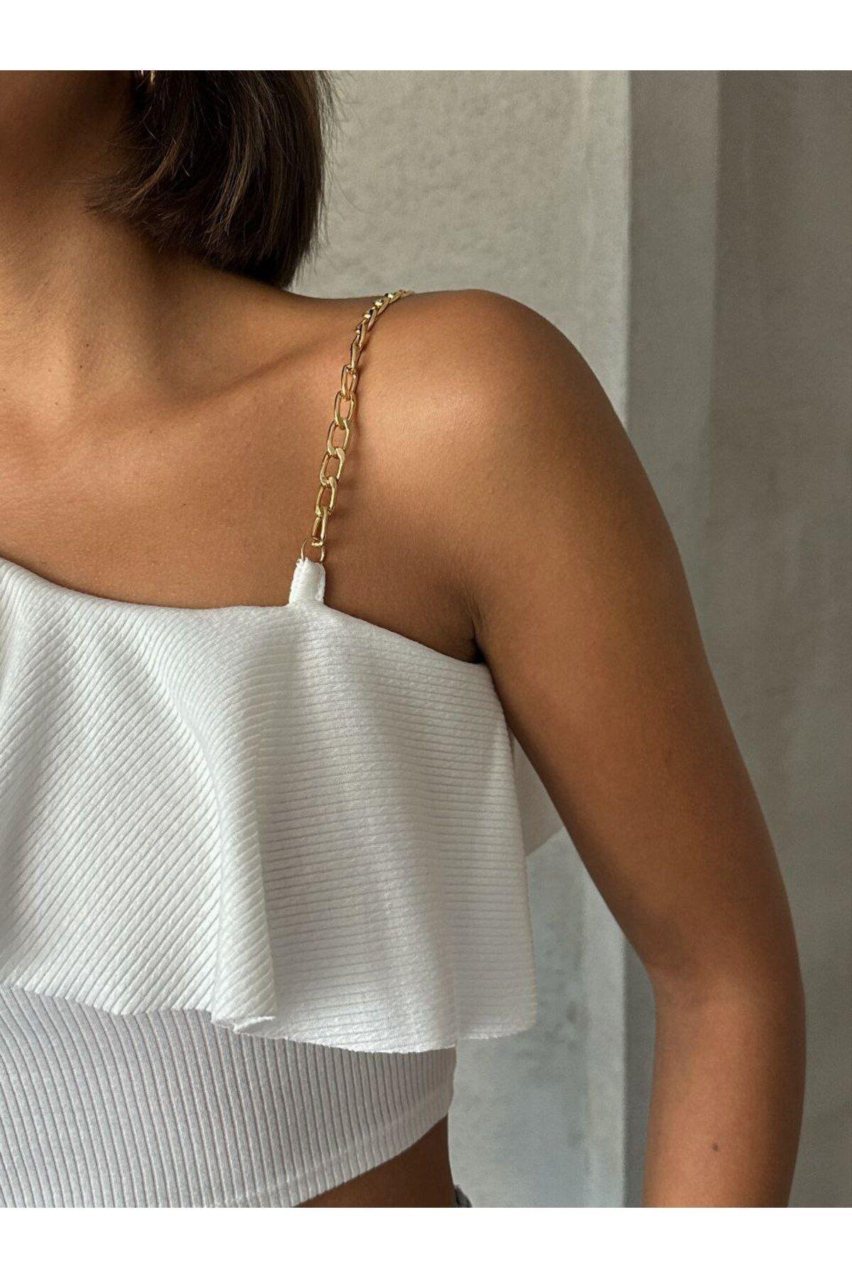 Önü Gipeli Tek Omuz Zincir Detaylı Uzun Kol Bürümcük Bluz