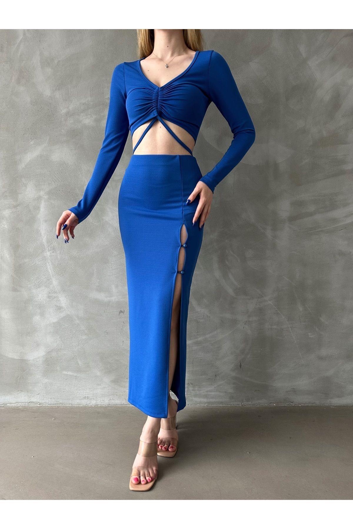 Örme Crep Yırtmaçlı Etek-Bluz Takım
