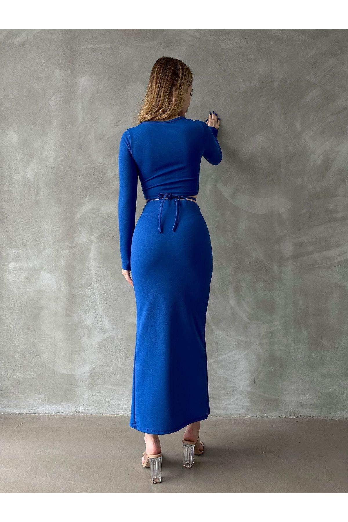 Örme Crep Yırtmaçlı Etek-Bluz Takım