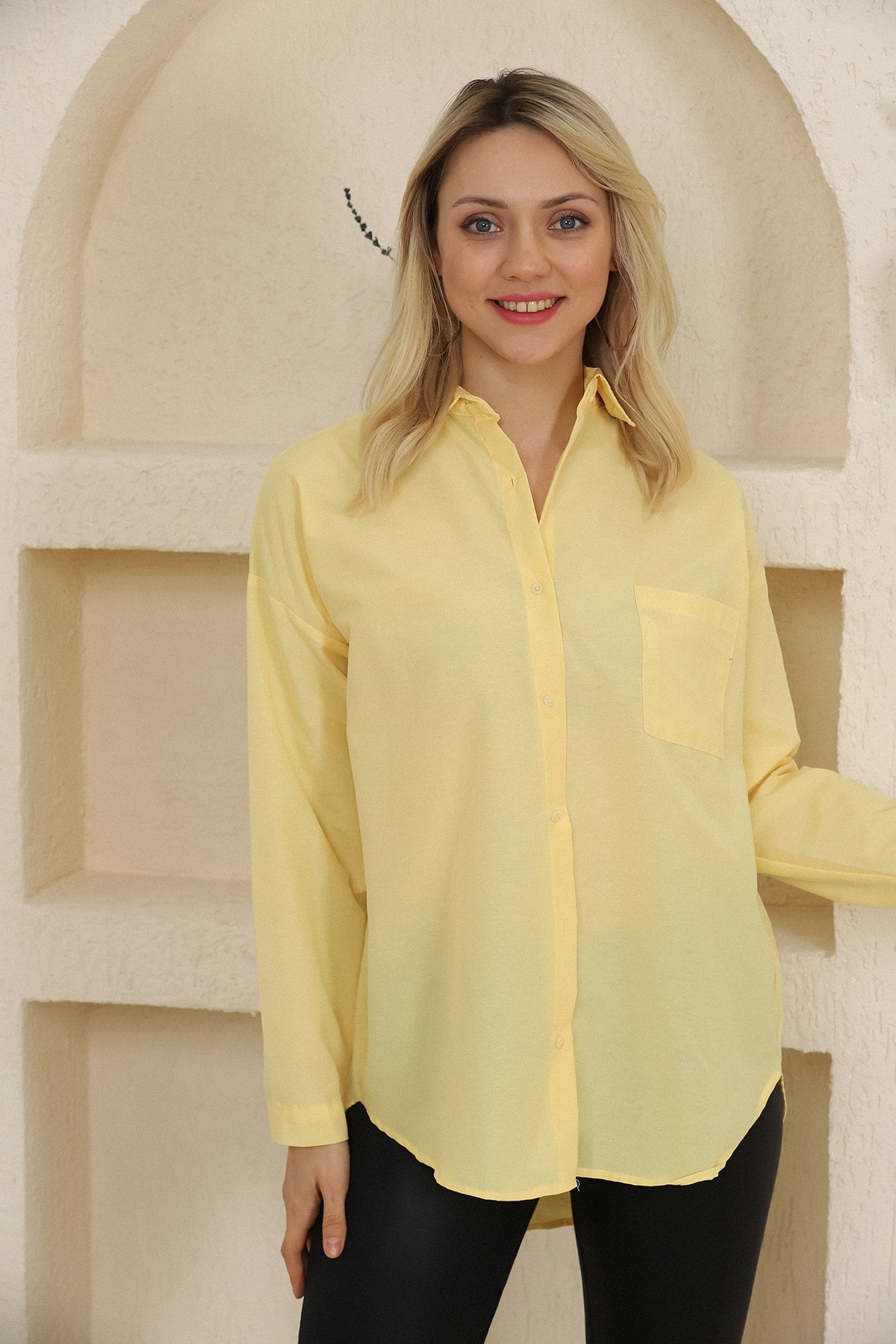 Oversize Uzun Basic Tek Cepli Gömlek