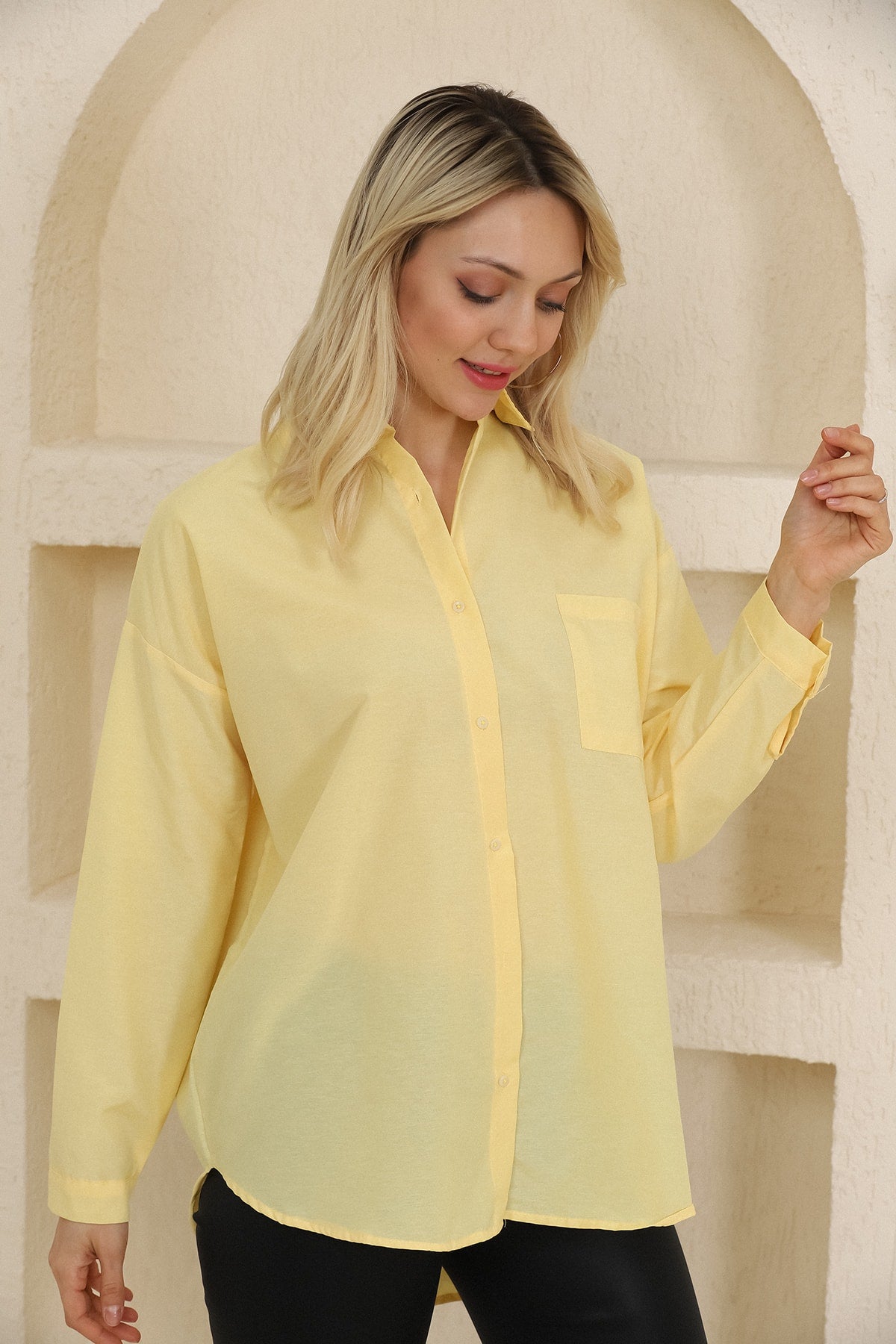 Oversize Uzun Basic Tek Cepli Gömlek
