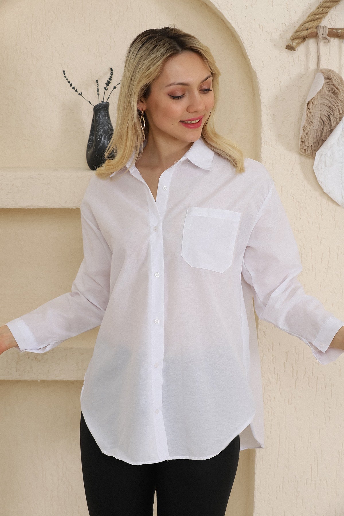 Oversize Uzun Basic Tek Cepli Gömlek