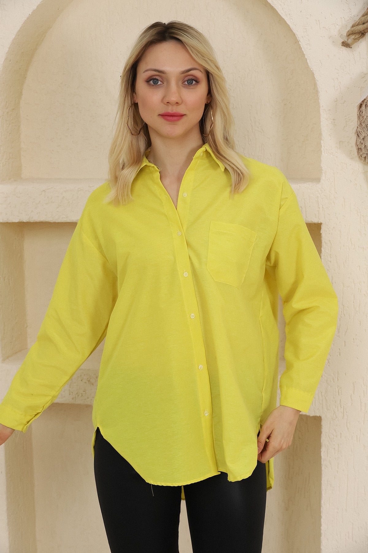 Oversize Uzun Basic Tek Cepli Gömlek