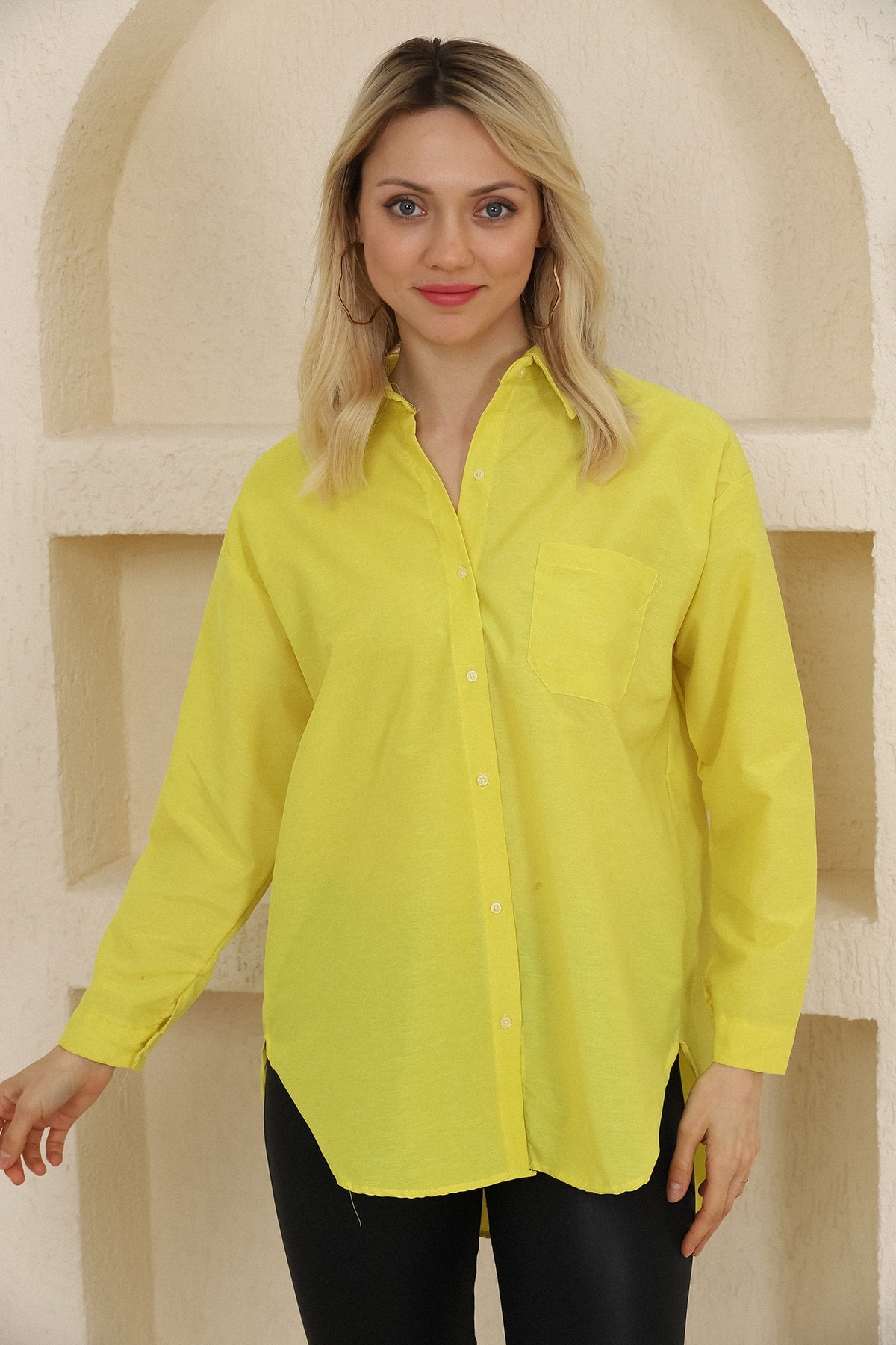 Oversize Uzun Basic Tek Cepli Gömlek