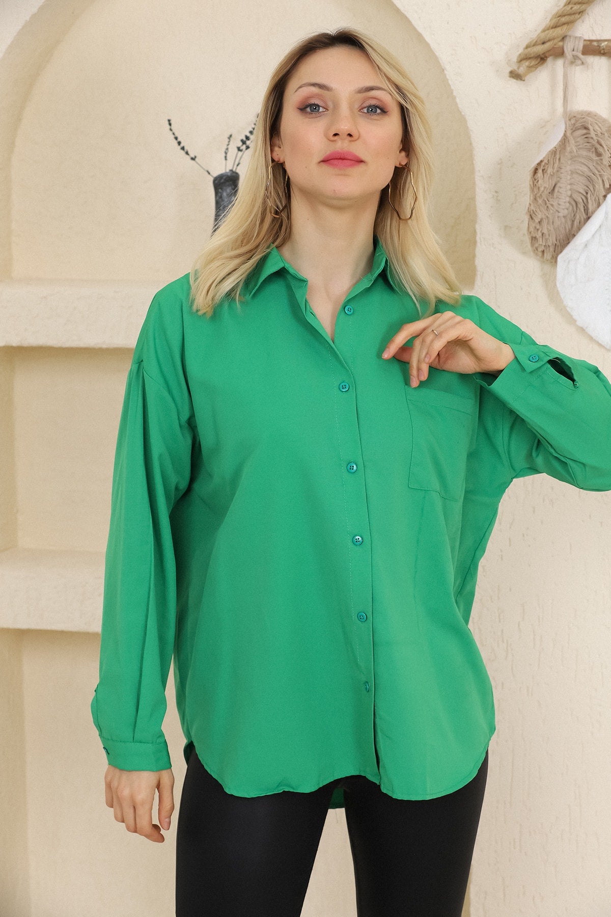 Oversize Uzun Basic Tek Cepli Gömlek