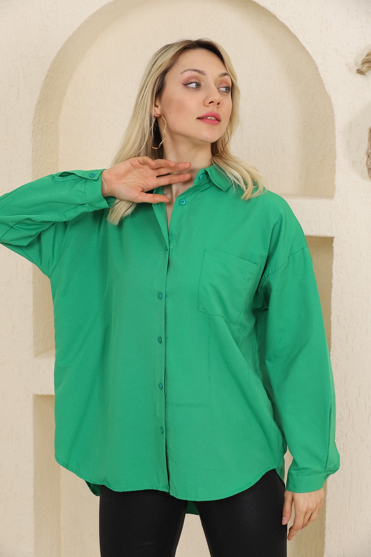 Oversize Uzun Basic Tek Cepli Gömlek