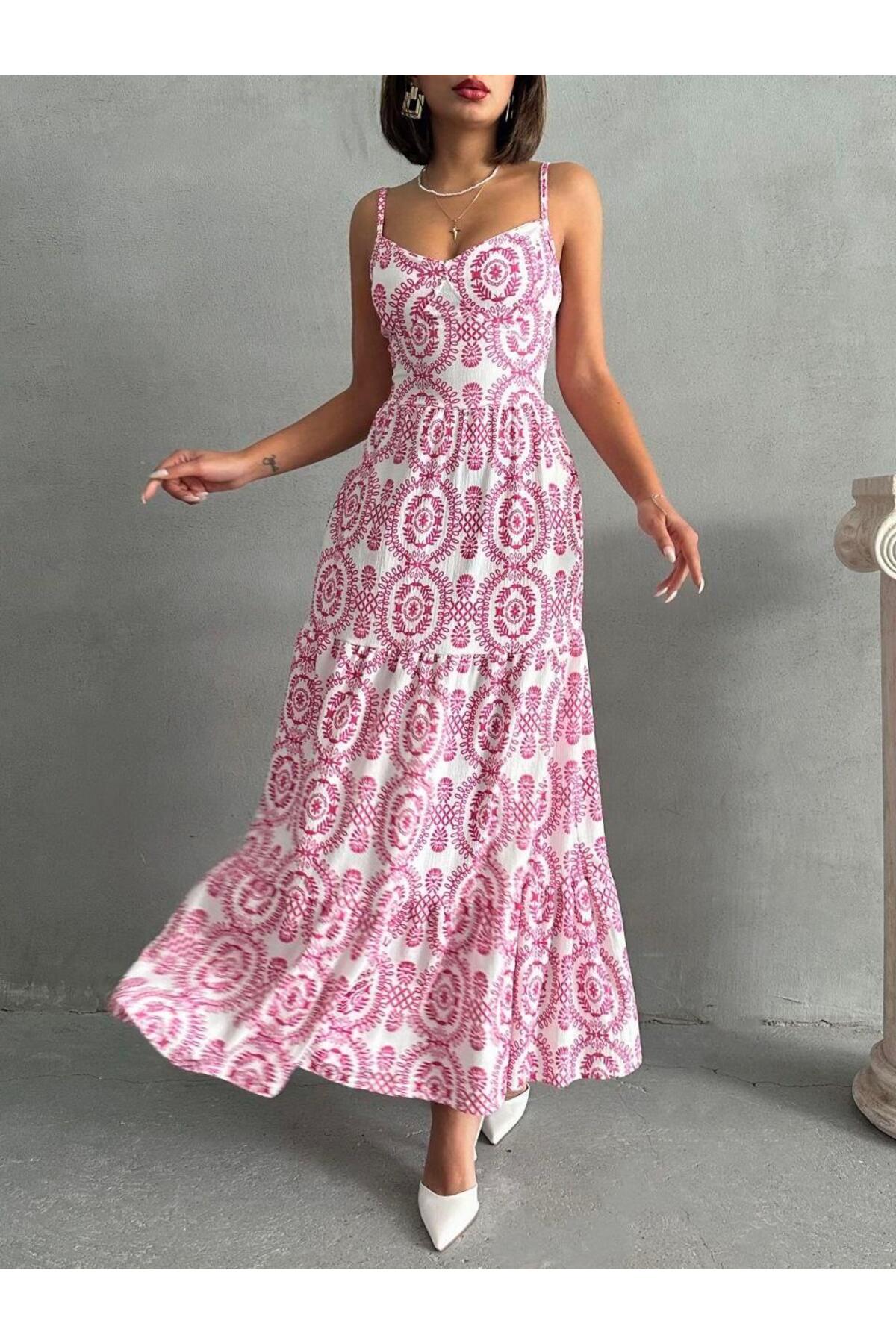 Pembe Desenli Bağlamalı Maxi Elbise