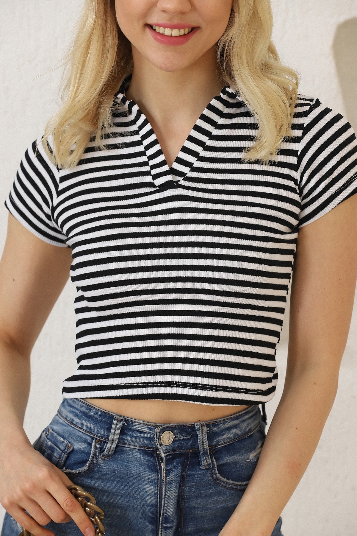 Polo Yaka Çizgili Fitilli Crop Body
